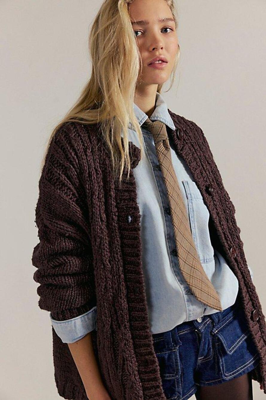 NWT Free People Raye Dropped Shoulder Knit Cardigan French Roast Brown Womens M